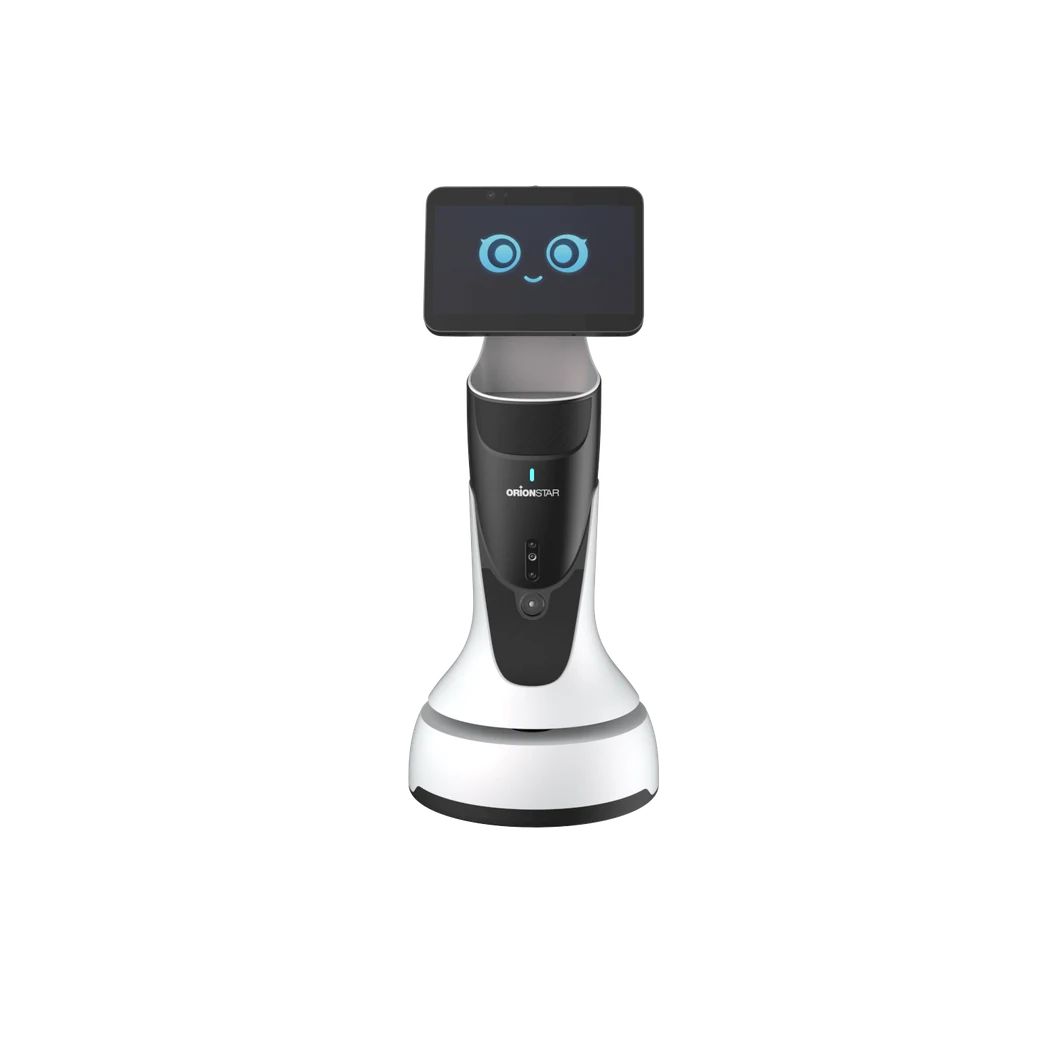 GreetingBot Mini with its tablet-shaped display on a compact mobile base