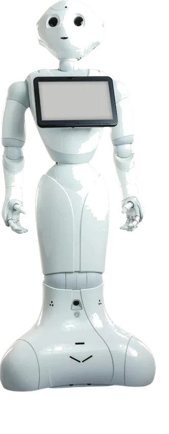 White Pepper humanoid with articulated arms and a chest-mounted tablet