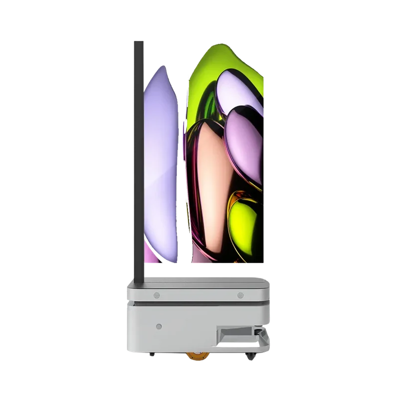 Transparent OLED display mounted vertically on a mobile robot base
