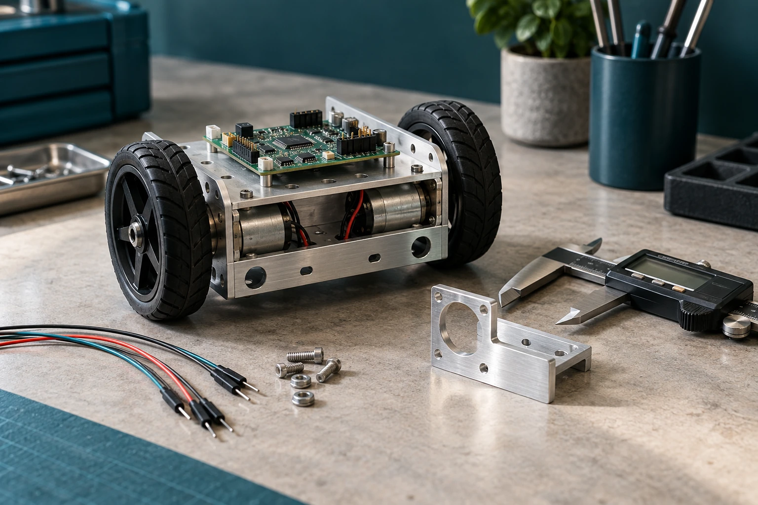 Illustration of a small wheeled robot, circuit board, metal bracket and measuring tool on a workbench