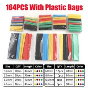 530PCS Color Heat Shrinkable Tube（Plastic Bag）Package Includes:（Quantity+Diameter+Length+Color）(1)80pcs x 1.5 x 45mm Yellow(2)80pcs x 2.0 x 45mm Blue(3)80pcs x 2.0 x 45mm Black(4)60pcs x 3.0 x 45mm Green(5)50pcs x 4.0 x 45mm Red(6)50pcs x 4.0 x 45mm Black(7)30pcs x 5.0 x 45mm Black(8)20pcs x 6.0 x 45mm Yellow(9)20pcs x 8.0 x 45mm Red(10)20pcs x 10.0 x 45mm Green(11)20pcs x 10.0 x 45mm Blue(12)20pcs x 10.0 x 45mm Black